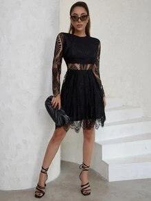 Eilly Bazar 薄透拼接貝殼邊蕾絲洋裝