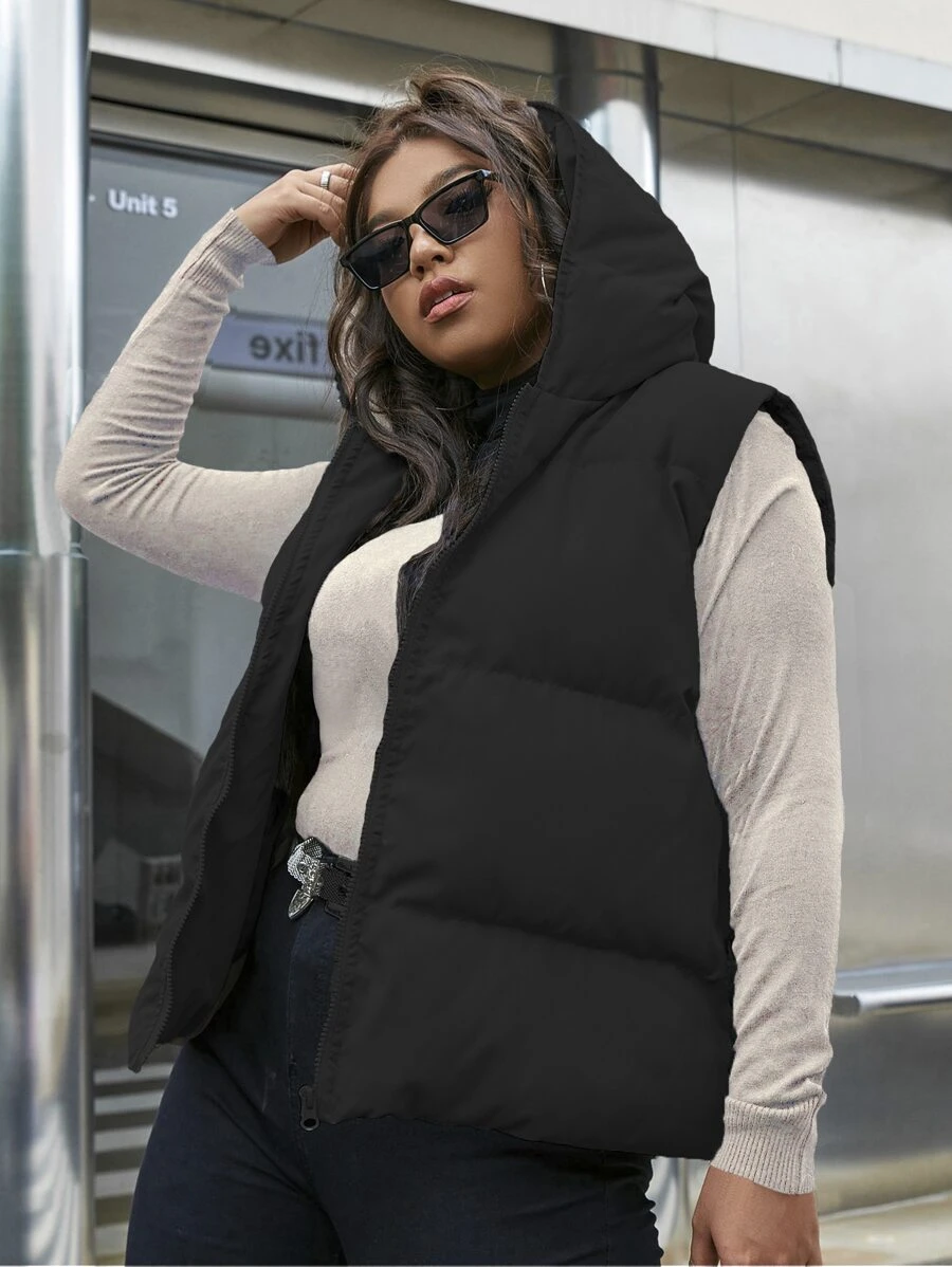 Flirla Plus Hooded Puffer Vest Coat - Black - View 1