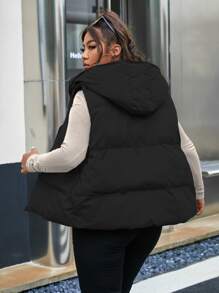 Flirla Plus Hooded Puffer Vest Coat - Black - View 2