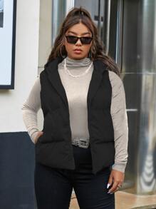 Flirla Plus Hooded Puffer Vest Coat - Black - View 3