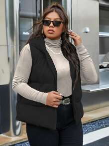 Flirla Plus Hooded Puffer Vest Coat - Black - View 4