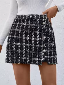 SHEIN Privé 紐扣細節格紋直筒半身裙 - 黑色 - 查看 4