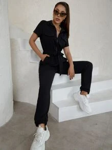 Eilly Bazar Flap Pocket Knot Front Jumpsuit - Black - View 1