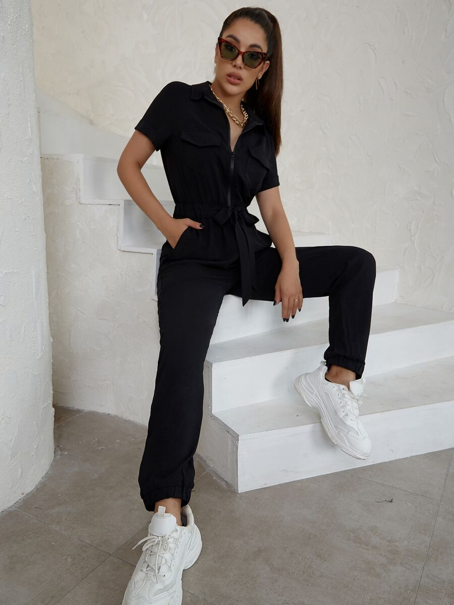 Eilly Bazar Flap Pocket Knot Front Jumpsuit - Black - View 1
