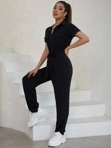 Eilly Bazar Flap Pocket Knot Front Jumpsuit - Black - View 3
