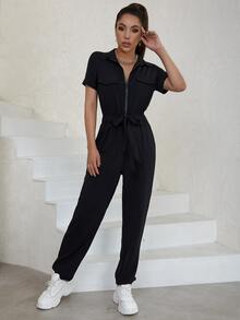 Eilly Bazar Flap Pocket Knot Front Jumpsuit - Black - View 4