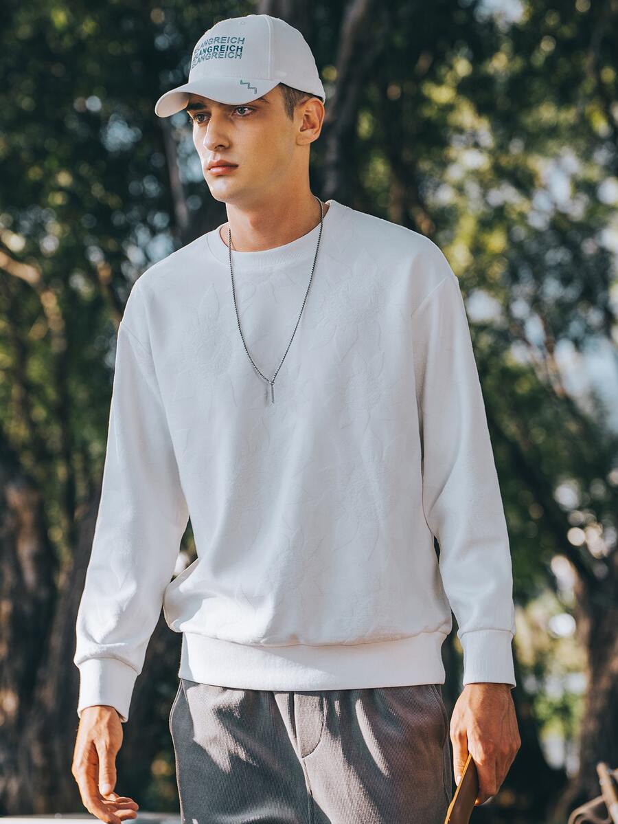 Men Drop Shoulder Floral Jacquard Pullover - White - View 1