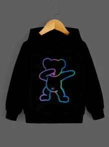 SHEIN Toddler Boys Reflective Bear Print Hoodie - Black - View 6