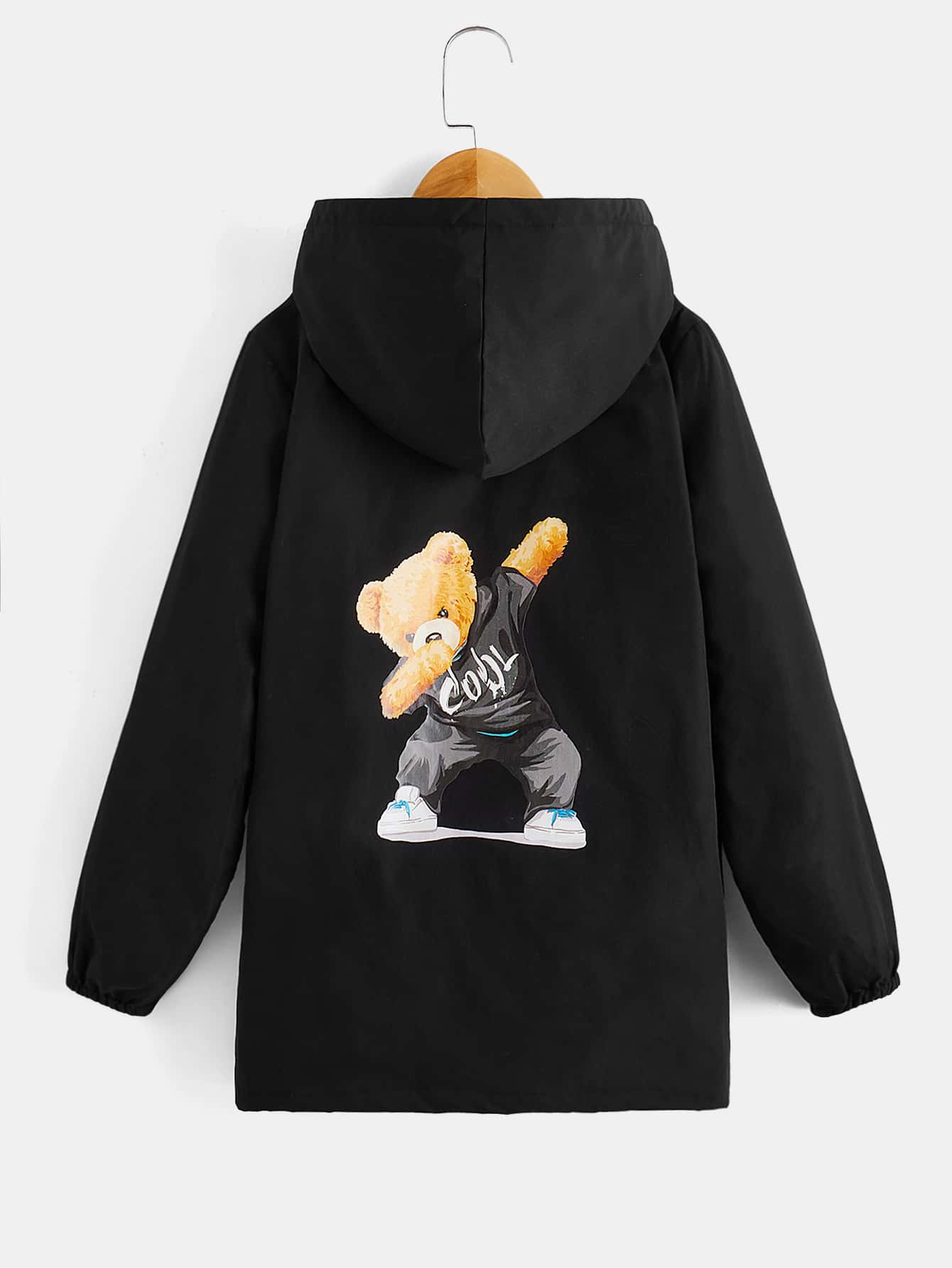 SHEIN 男孩小熊印花拉鏈開襟連帽毛絨內襯外套