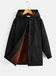 SHEIN 男孩小熊印花拉鏈開襟連帽毛絨內襯外套