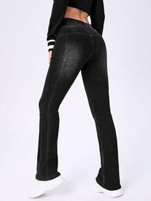 Button Side Detail Flare Leg Jeans - Black - View 2
