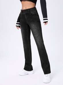 Button Side Detail Flare Leg Jeans - Black - View 3