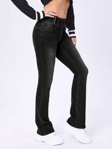 Button Side Detail Flare Leg Jeans - Black - View 6