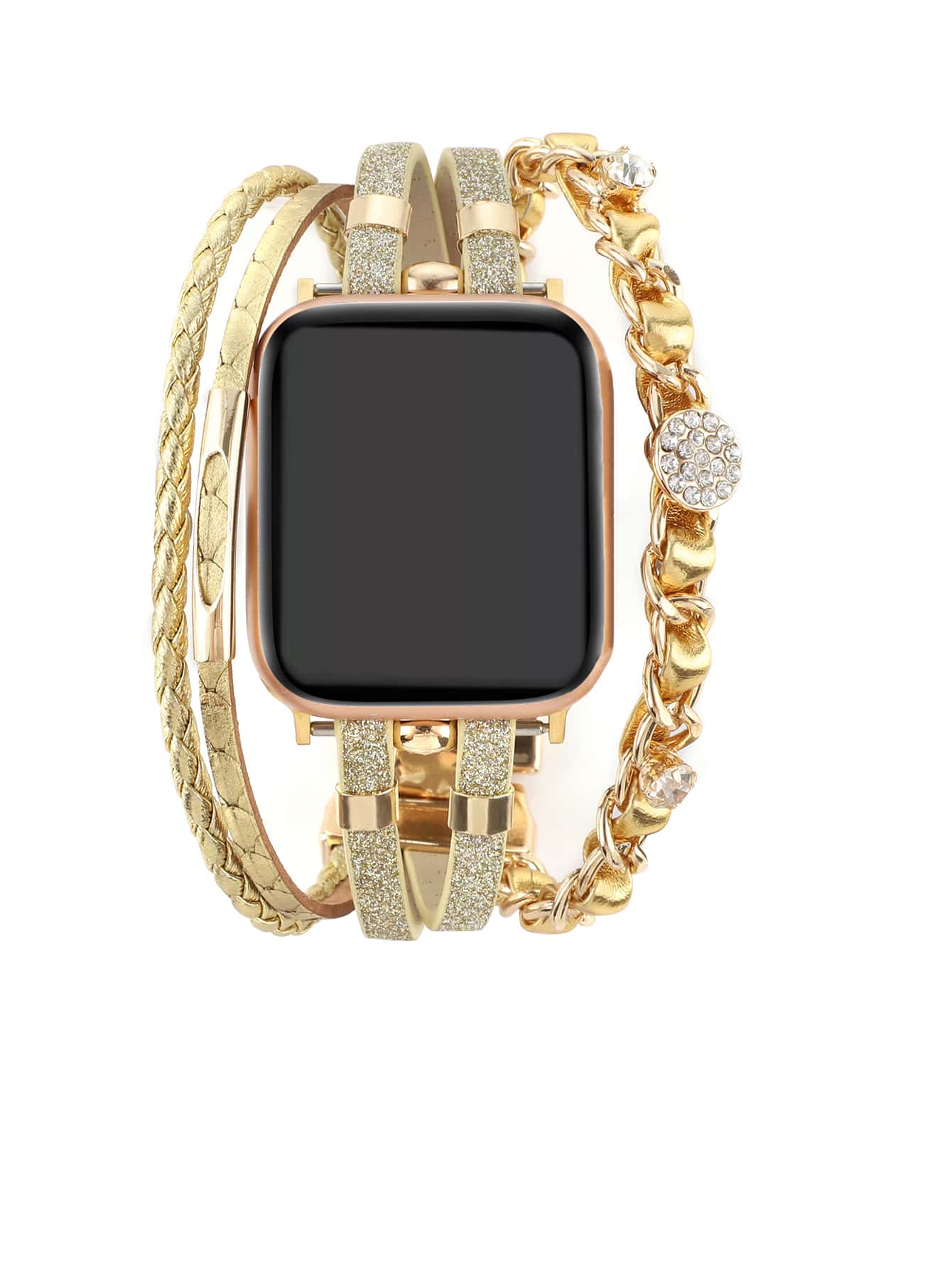 1個分層包覆錶帶，適用於Apple Watch 38mm、40mm、41mm、42mm、44mm、45mm、49mm多層皮革手鍊錶帶，帶有雙鍊子和鑲有鑽石的替換錶帶，適用於Apple Watch SE、SE2、8、7、6、5、4、3、2、1
