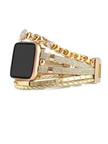 1個分層包覆錶帶，適用於Apple Watch 38mm、40mm、41mm、42mm、44mm、45mm、49mm多層皮革手鍊錶帶，帶有雙鍊子和鑲有鑽石的替換錶帶，適用於Apple Watch SE、SE2、8、7、6、5、4、3、2、1 - 彩色 - 查看 5
