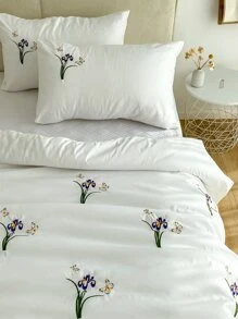 Butterfly & Floral Embroidery Duvet Cover Set Without Filler - White - View 4