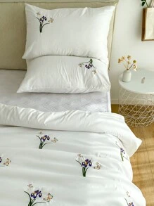 Butterfly & Floral Embroidery Duvet Cover Set Without Filler - White - View 5