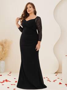 Plus Contrast Mesh Sweetheart Neck Mermaid Hem Formal Dress - Black - View 1