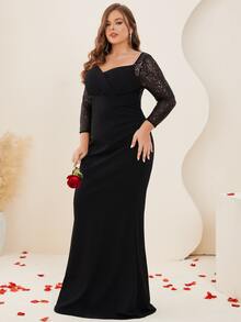 Plus Contrast Mesh Sweetheart Neck Mermaid Hem Formal Dress - Black - View 5
