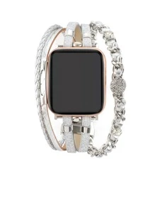 1pc Layered Wrap Watch Strap Compatible With Apple Watch 38mm 40mm 41mm 42mm 44mm 45mm 49mm Multilayer Leather Bracelet Watch Bands With Dual Chain And Rhinestone Replacement Compatible With Apple Watch SE SE2 8 7 6 5 4 3 2 1