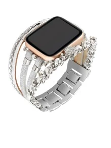 1pc Layered Wrap Watch Strap Compatible With Apple Watch 38mm 40mm 41mm 42mm 44mm 45mm 49mm Multilayer Leather Bracelet Watch Bands With Dual Chain And Rhinestone Replacement Compatible With Apple Watch SE SE2 8 7 6 5 4 3 2 1