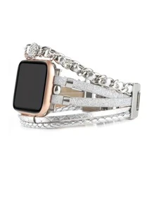 1pc Layered Wrap Watch Strap Compatible With Apple Watch 38mm 40mm 41mm 42mm 44mm 45mm 49mm Multilayer Leather Bracelet Watch Bands With Dual Chain And Rhinestone Replacement Compatible With Apple Watch SE SE2 8 7 6 5 4 3 2 1