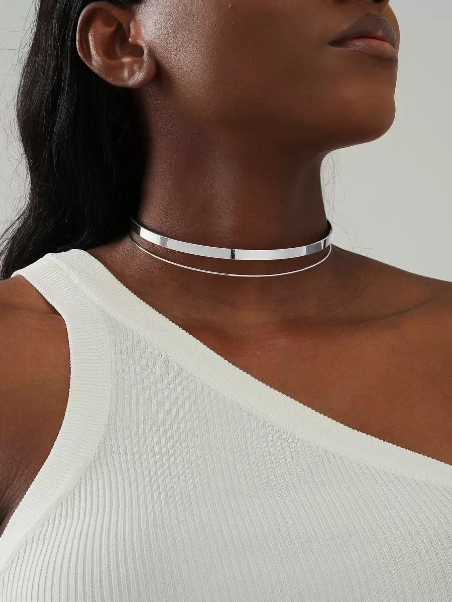 素色極簡風格多層頸鏈 - 銀色 - 查看 1