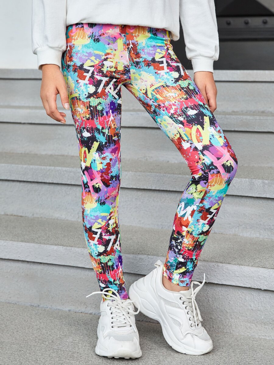 SHEIN Tween Girl Letter & Splash Print Leggings SHEIN UK
