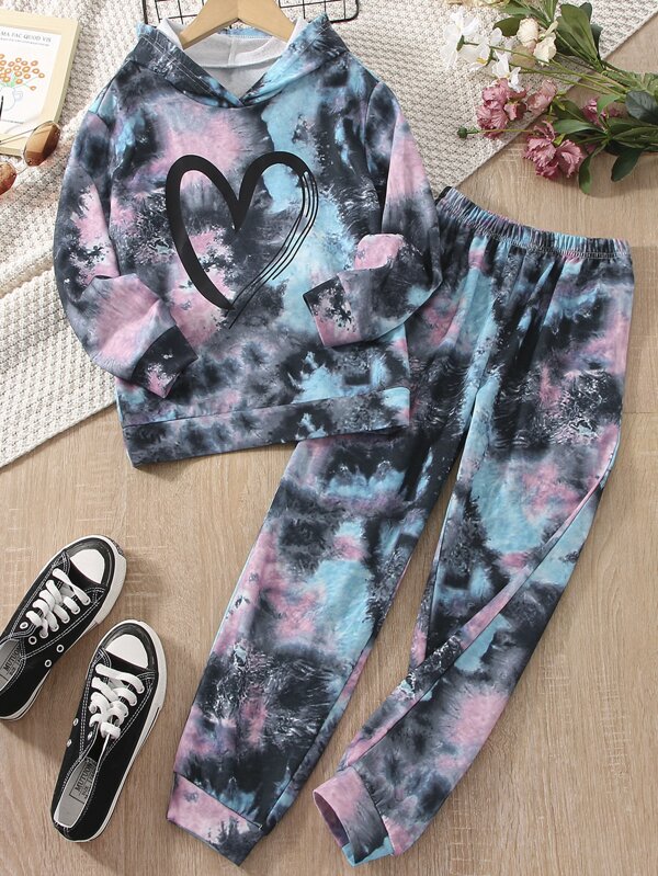 Sparklyn Tween Girl Heart Print Tie Dye Hoodie & Sweatpants