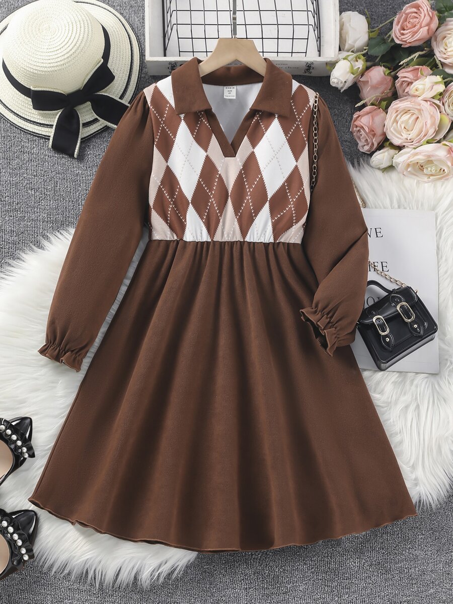Girls Argyle Print Dress - Coffee Brown - View 1