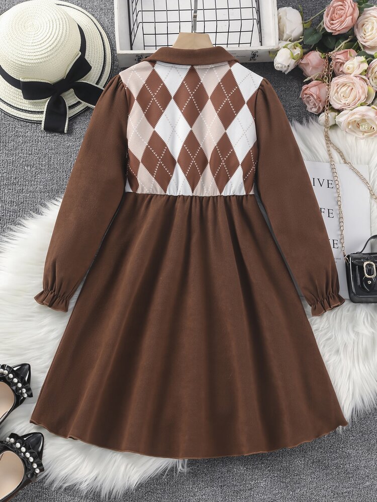 Girls Argyle Print Dress - Coffee Brown - View 2
