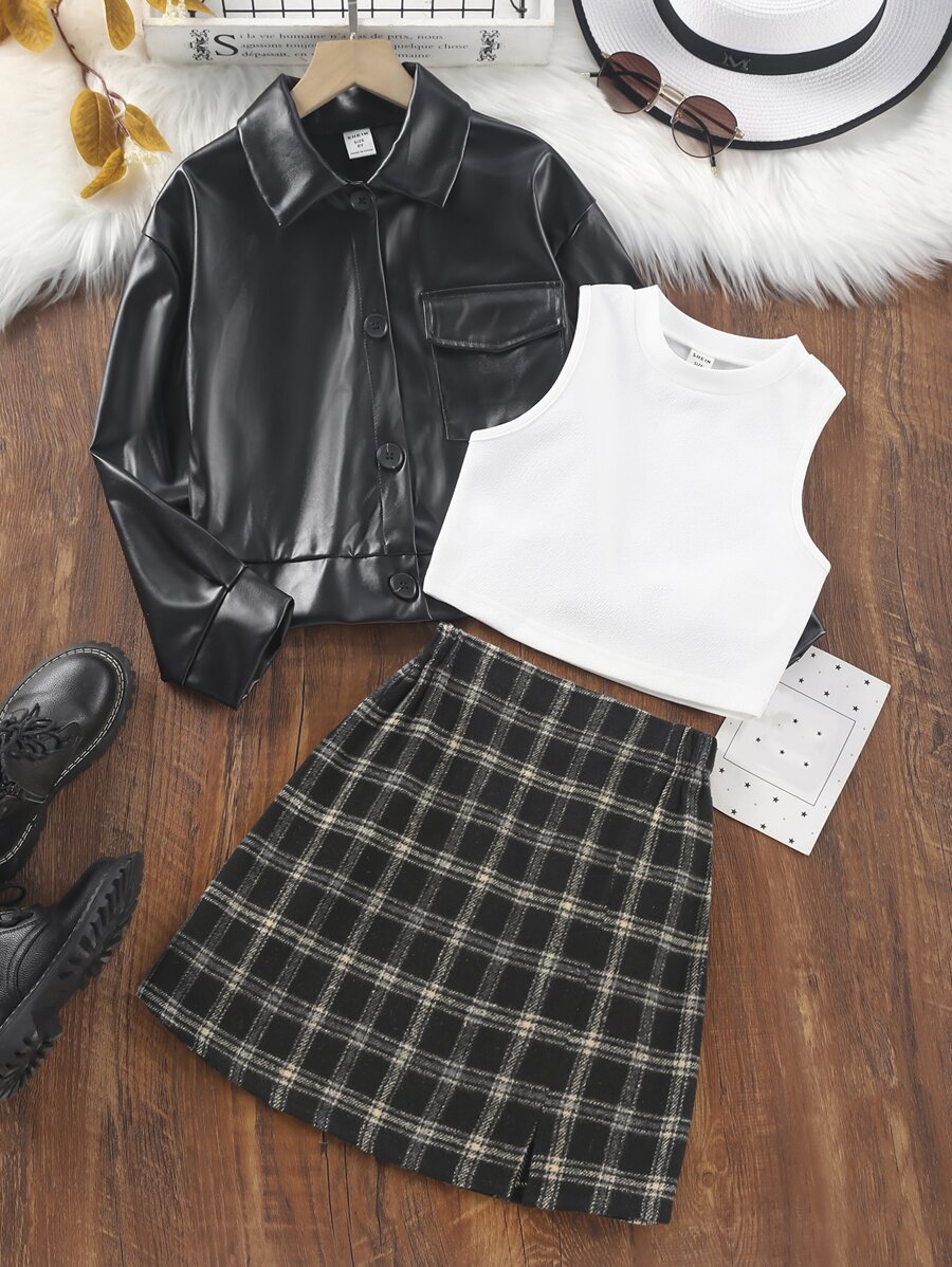 少女實色背心上衣和格紋印花裙子和pu夾克