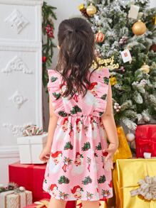 Niñas Vestido con estampado de Navidad ribete con fruncido - Rosa - Ver 2