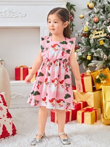 Niñas Vestido con estampado de Navidad ribete con fruncido - Rosa - Ver 3