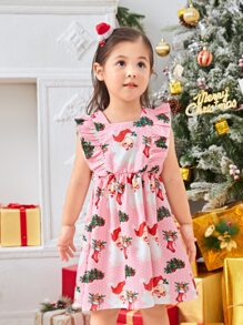 Niñas Vestido con estampado de Navidad ribete con fruncido - Rosa - Ver 4