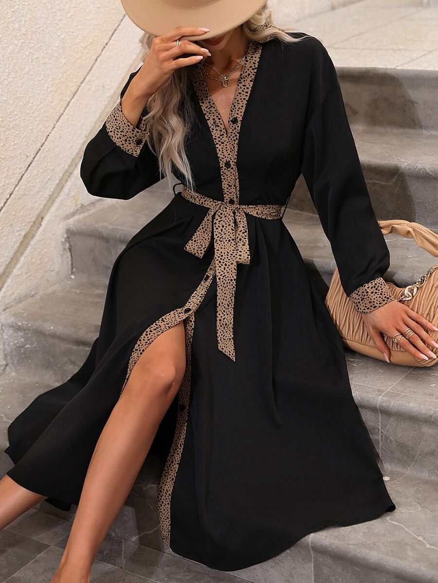 SHEIN LUNE Dalmatian Print Button Up Belted Shirt Dress - Black - View 1