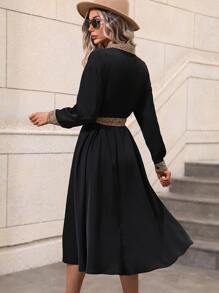 SHEIN LUNE Dalmatian Print Button Up Belted Shirt Dress - Black - View 2