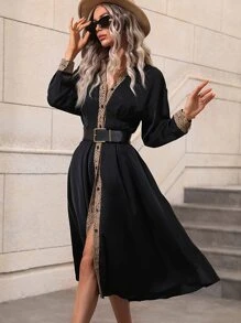 SHEIN LUNE Dalmatian Print Button Up Belted Shirt Dress - Black - View 7