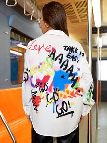 SHEIN Coolane Letter Graphic Button Front Shirt - White - View 2