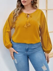 SHEIN LUNE Plus Guipure Lace Insert Tassel Tie Neck Blouse - Mustard Yellow - View 1