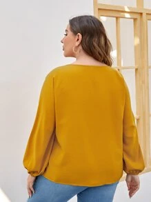 SHEIN LUNE Plus Guipure Lace Insert Tassel Tie Neck Blouse - Mustard Yellow - View 2