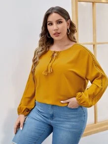 SHEIN LUNE Plus Guipure Lace Insert Tassel Tie Neck Blouse - Mustard Yellow - View 3