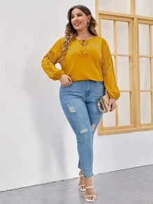 SHEIN LUNE Plus Guipure Lace Insert Tassel Tie Neck Blouse - Mustard Yellow - View 4