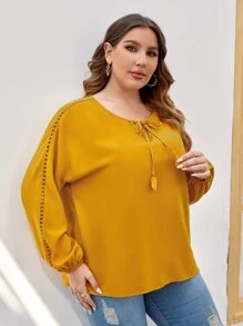 SHEIN LUNE Plus Guipure Lace Insert Tassel Tie Neck Blouse - Mustard Yellow - View 5