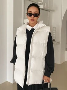 DAZY 斜插口袋背心加厚口袋外套（不含卫衣），女士深秋休闲口袋，拉链领超大白色纯色女士冬季外套，冬季保暖/冬季时尚，女士冬季外套夹克 - 白色 - 查看 1