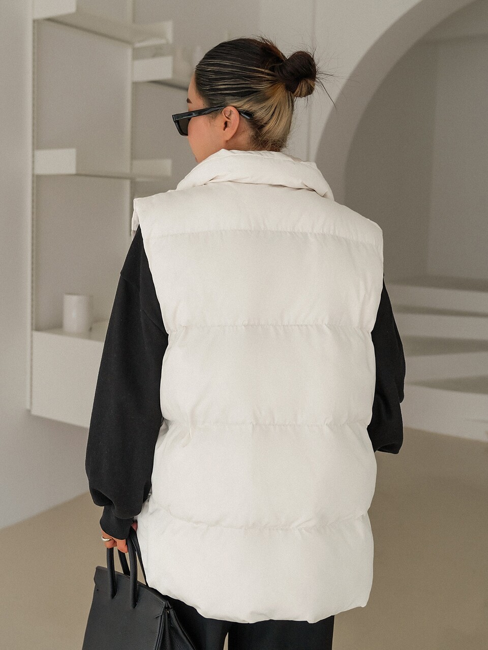 Women White Winter Padded Vest, Casual Everyday Oversized Zipper Collar Pockets Padded Coat, Ladies Late Fall Plain Warm Jacket