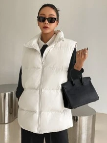 DAZY 斜插口袋背心加厚口袋外套（不含卫衣），女士深秋休闲口袋，拉链领超大白色纯色女士冬季外套，冬季保暖/冬季时尚，女士冬季外套夹克 - 白色 - 查看 3
