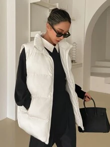 DAZY 斜插口袋背心加厚口袋外套（不含卫衣），女士深秋休闲口袋，拉链领超大白色纯色女士冬季外套，冬季保暖/冬季时尚，女士冬季外套夹克 - 白色 - 查看 4