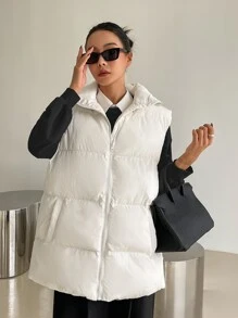 DAZY 斜插口袋背心加厚口袋外套（不含卫衣），女士深秋休闲口袋，拉链领超大白色纯色女士冬季外套，冬季保暖/冬季时尚，女士冬季外套夹克 - 白色 - 查看 5