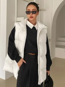 DAZY 斜插口袋背心加厚口袋外套（不含卫衣），女士深秋休闲口袋，拉链领超大白色纯色女士冬季外套，冬季保暖/冬季时尚，女士冬季外套夹克 - 白色 - 查看 7